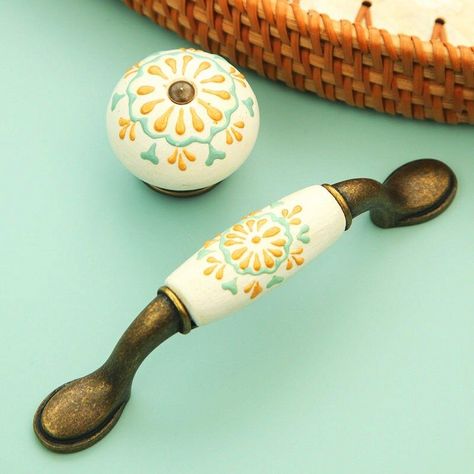 Hand Painted Ceramic wood handmade knobs,cabinet pulls,furniture knobs,Kitchen Cabinet Door Handles, Cupboard Knobs White Ceramic Cabinet Knobs, White Dresser With Fun Knobs, Kitchen Cabinet Hardware Boho, Cute Drawer Handles, Boho Kitchen Cabinet Hardware, Colorful Cabinet Handles, Cute Drawer Pulls, Ceramic Cabinet Pulls, Eccentric Kitchen