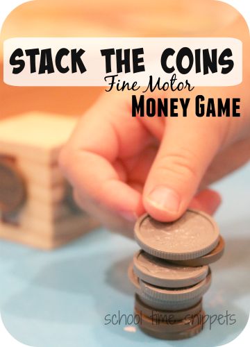 Stack the Coins Money Game- simple game to introduce money to preschoolers and have older sibs work on adding up the coin value! Money Math Games, Money Games For Kids, Camping Theme Preschool, Preschool Math Games, Money Activities, Money Math, Money Skills, Math Games For Kids, Teaching Numbers