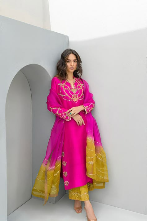 Hot Pink Indian Outfit, Pink Combination Outfit, Pink Indian Outfit, Green Culottes, Shaded Dupatta, Combination Outfit, Pink Combination, Hot Pink Fabric, Outfit Indian