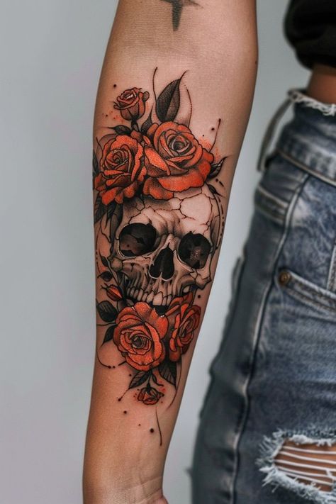 Rose Tattoos For Women Sleeve, Flower And Skull Tattoos For Women, Decaying Rose Tattoo, Rose Arm Sleeve Tattoos For Women, Steampunk Skull Tattoo, Realistic Flowers Tattoo, Women’s Skull Tattoo, Pretty Skull Tattoos For Women Sleeve, Skull Rose Tattoo For Women