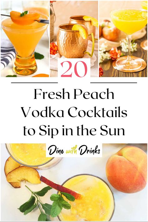 Collage of 4 fresh peach vodka cocktails. Peach Honey Cocktail, Fresh Peach Cocktail, Peach Cocktail Recipe Summer Drinks, Peach Crush Cocktail, Peach Mixed Drinks Alcohol, Cocktails With Peach Syrup, Fresh Peach Drinks Alcohol, Simply Peach Cocktail, Peach Drinks Alcohol Cocktails