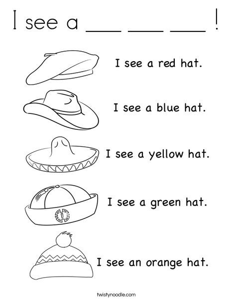 I see a hat! Coloring Page from TwistyNoodle.com Blue Hat Green Hat Activities, Hat Activity For Preschool, Hats Activities For Preschool, Hat Day Activities Preschool, Hat Activities For Preschool, Hat Day Activities, Preschool Hat, Hat Coloring Page, Kindergarten Esl