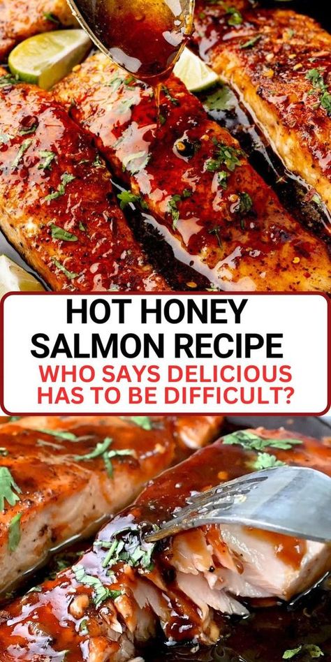 Spice up your dinner with our Hot Honey Salmon! This recipe features salmon glazed in a sweet and spicy hot honey sauce, baked. Quick, flavorful, and a bit fiery, it's a must-try for a delicious twist on salmon. Spicy Honey Glaze, Spicy Glazed Salmon, Spicy Salmon Recipe, Fish Glaze Recipe, Salmon Soy Sauce Honey, Sweet Chili Glazed Salmon, Spicy Sauce For Salmon, Salmon And Chicken Recipes, Honey Glaze Salmon Recipes