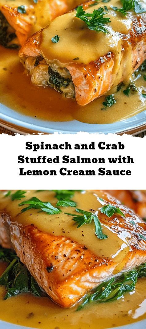 Indulge in a delightful culinary experience with Spinach and Crab Stuffed Salmon topped with a creamy lemon sauce. This elegant recipe features succulent salmon fillets stuffed with a rich mixture of fresh spinach and lump crab meat, bringing a burst of flavors to your table. Perfect for special occasions or an impressive weeknight meal, it's a dish that's both visually stunning and delicious. In just 40 minutes, you can create a gourmet masterpiece that showcases the goodness of fresh Healthy Stuffed Salmon, Salmon Recipes Stuffed, Spinach And Crab Stuffed Salmon, Salmon And Crab Meat Recipe, Crab Stuffed Halibut, Crab Stuffed Flounder With Cream Sauce, Crab Topped Salmon, Cream Sauce For Salmon Easy, Salmon Tuscan Recipe