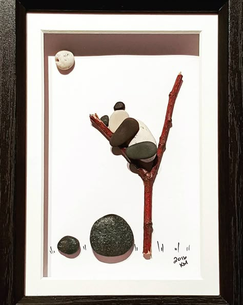 Panda in tree  #pebbles #natureart #pandas #krissyrockit Rock Sculpture, Beach Glass Art, Panda Art, Rock And Pebbles, Pebble Pictures, Stone Crafts, Rock Painting Art, Pebble Painting, Sea Glass Art