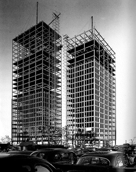 LUDWIG MIES VAN DER ROHE    LAKE SHORE DRIVE APARTMENTS UNDER CONSTRUCTION, 1950 International Style Architecture, Health And Safety Poster, High Building, Lake Shore Drive, Ludwig Mies Van Der Rohe, Landmark Buildings, Skyscraper Architecture, Lake Shore, American Architecture