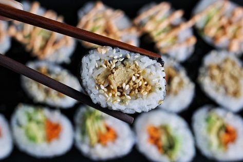 Fish Free Sushi, Meals For Three, Yam Or Sweet Potato, Seasoned Rice Vinegar, Tempura Batter, Full Recipes, Vegan Sushi, How To Make Sushi, Avocado Slices