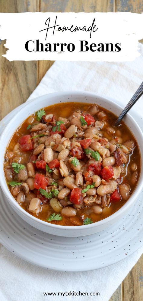 Mexican Bean Soup Frijoles Charros, Churro Beans Crockpot, Whole Beans Mexican, Charo Beans Recipe Crockpot, Three Bean Blend Recipes, Charro Beans Mexican Stove Top, El Charro Beans, Boracho Bean Recipe, Lupe Tortilla Charro Beans