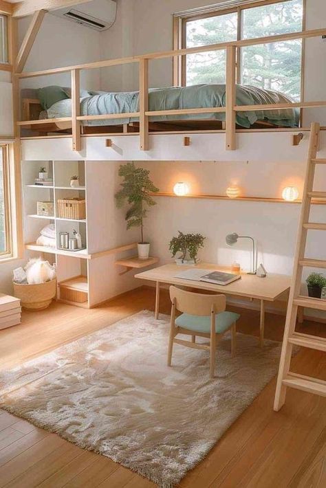 Elevated Kids Bed, Loft Bed Reading Area, Cute Loft Bed Ideas Aesthetic, 2 Loft Beds In One Room, Kids Loft Bed Ideas, Small Kids Room Ideas, Minimalist Kids Bedroom, Kid Bedroom Ideas, Loft Bedroom Ideas