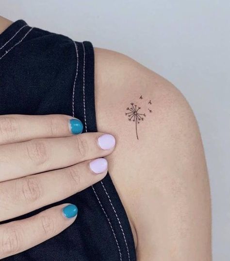 Tiny Dandelion Tattoo Simple, Simple Tatoo Ideas For Girl, Two Small Flowers Tattoo, Shoulder Dandelion Tattoo, Shoulder Tiny Tattoos For Women, Small Different Tattoos For Women, Minimalist Flower Tattoos For Women, Minimalistic Shoulder Tattoos For Women, Random Tiny Tattoos