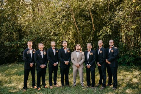 Tan Suit Groom Black Suit Groomsmen, Black Tux Groom Tan Suit Groomsmen, Groom In Tan Groomsmen In Black, Beige Groom Black Groomsmen, Tan And Black Groomsmen Suits, Khaki Groom, Brown Tux, Groomsmen Attire Black, Tan Groomsmen