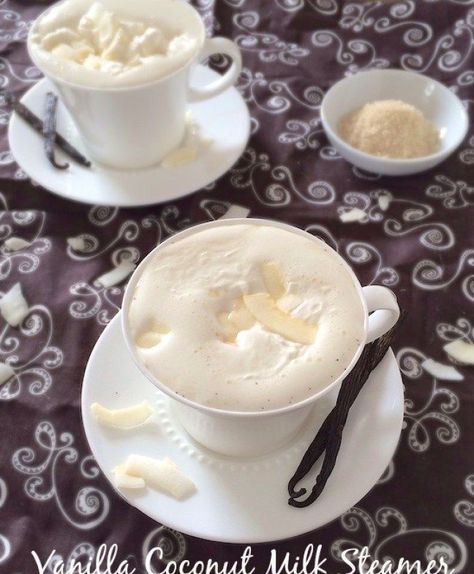 Make this coffee house drink at home with coconut milk! Vanilla Coconut Milk Steamer recipe at Teaspoonofspice.com #milk #steamer #coconutmilk #beverages Coconut Milk Drink, Milk Steamer, Coconut Popsicles, Steamer Recipes, Vanilla Coconut, Winter Drinks, Drink Milk, Frappe, Yummy Drinks