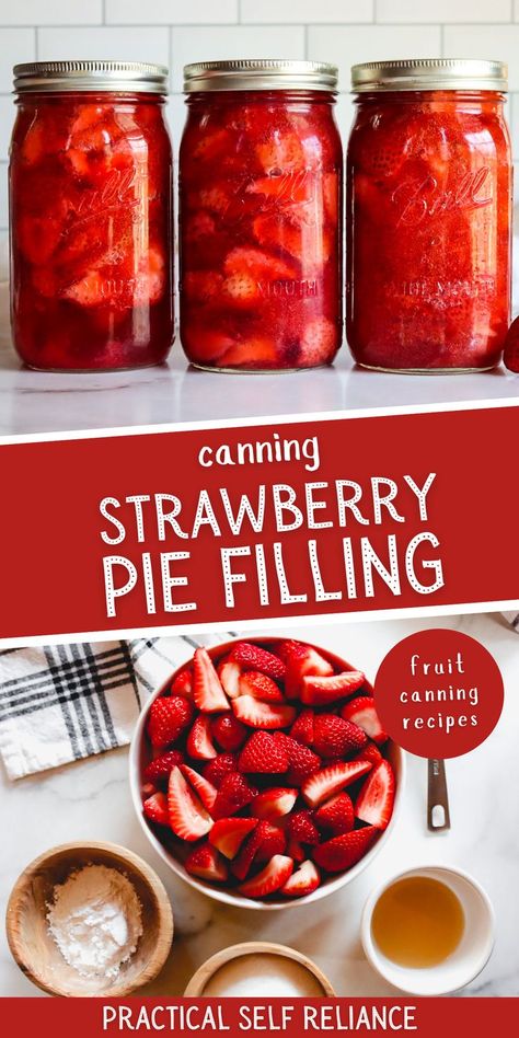 canned strawberries in jars and fresh strawberry slices in a bowl Canning Strawberry Pie Filling, Canning Desserts, Strawberry Pie Filling Recipe, Fruit In Jars, Pie Filling Canning, Canning Fruit Recipes, Preserving Fruit, Water Bath Canning Recipes, Canned Strawberries