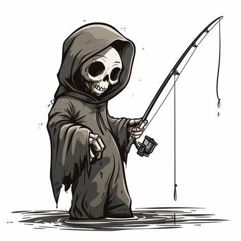 "Gone fishing for souls, be back whenever! 🎣💀 Just reaping the carp out of every moment!" #skeletonfun #fishingforcompliments #grimreaper #soulsnatcher #gonefishing #fisherman #sketchart #comicstyle #illustrationoftheday #artlovers #creepycool #darkhumor #anglerlife #fishingtime #catchoftheday #bonecollector #macabreart #instaart #fishinglife #quirkyart #reapwhatyousow #deathandhumor #fishingaddict #fishingdaily #weirdandwonderful #lifeisstrange #artistic_share #darkartists #fishingislife #s... Upper Arm Tattoos, Cartoon Character Tattoos, Macabre Art, Quirky Art, Fishing Life, Gone Fishing, Life Is Strange, Carp, Grim Reaper