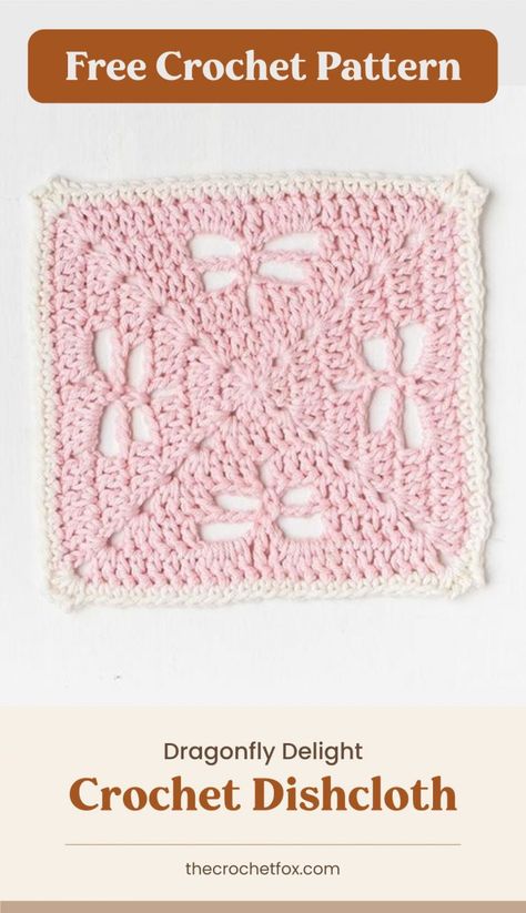 Liven up your kitchen this spring by making this dainty but sturdy crochet square dishcloth. This easy crochet pattern features a simple stitch pattern that's worked in the round to create a dragonfly motif. | More free crochet patterns at thecrochetfox.com Dragonfly Motif, Diy Crochet Gifts, Granny Square Pattern Free, Crochet Plant Hanger, Granny Square Crochet Patterns Free, Simple Stitch, Dishcloth Crochet Pattern, Crochet Dishcloth, Easy Crochet Patterns Free