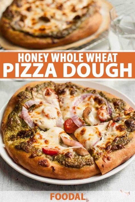 This Honey Whole Wheat Pizza Dough Recipe is easy to make, and is so worth the little bit of extra time. Get the recipe along with pizza making tips now on Foodal. #wholewheat #pizzadough #crust #homemadepizza #foodal Pizza Dough Recipe Honey, Whole Wheat Pizza Dough Recipe, Healthy Pizza Dough, No Rise Pizza Dough, Calzone Recipes, Pizza Crust Recipe Easy, Wheat Pizza Dough Recipe, Whole Wheat Pizza Dough, Honey Pizza