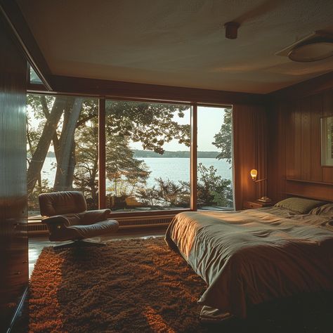 Classy Interior Design Bedroom, Interior Design 70s Retro, Midcentury Cozy Bedroom, Woody House Interior, 90s Aesthetic Interior Design, 70s Architecture Bedroom, 60s California House, 80s Architecture Interiors, 1970 Home Interior