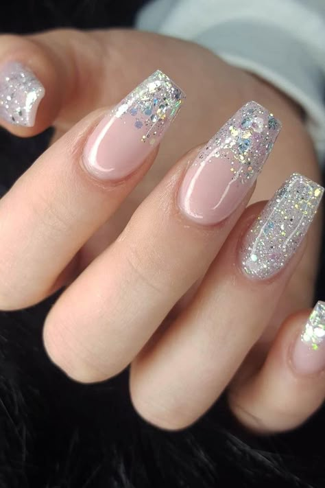 Glitter Nails Ideas, Sparkly Ombre Nails, Silver Sparkly Nails, Birthday Nail Designs, Silver Nail Designs, Silver Glitter Nails, Wedding Nails Glitter, Ombre Nails Glitter, Coffin Shape Nails