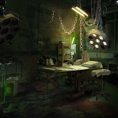 Haunted House Laboratory, Abandoned Operating Room, Creepy Surgery Room, Operating Room Halloween Decorations, Underground Laboratory Concept Art, Halloween Operating Room, Environments Concept Art, Creepy Hospital Room, Creepy Hospital Room Aesthetic