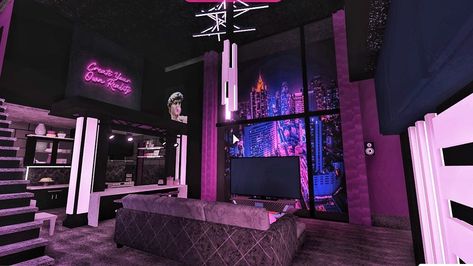 Vaporwave Bedroom Ideas, Bloxburg Night Club Ideas, Cyberpunk Bloxburg House, Neon Bloxburg Decals, Bloxburg Night Club, Bloxburg Strip Club Ideas, Bloxburg Club, Vaporwave Bedroom, 80’s Room