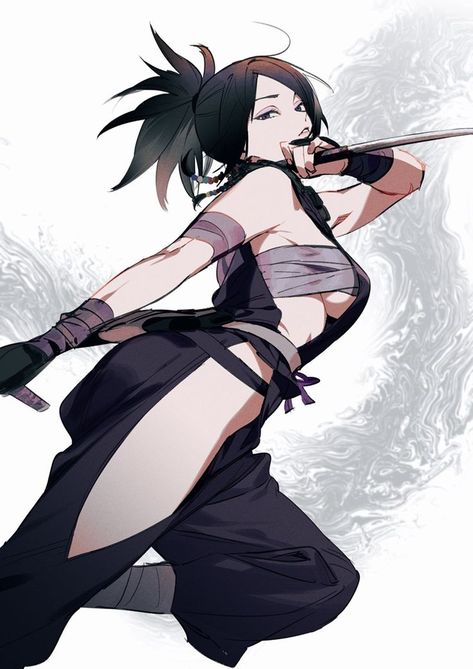 Female Character Design Poses, Anime Female Back Reference, Female Swordsman Anime Oc, Ninja Oc Female, Black Hair Oc Art, Anime Perspective Poses, Ninja Character Art, Game Female Character, Cute Female Oc