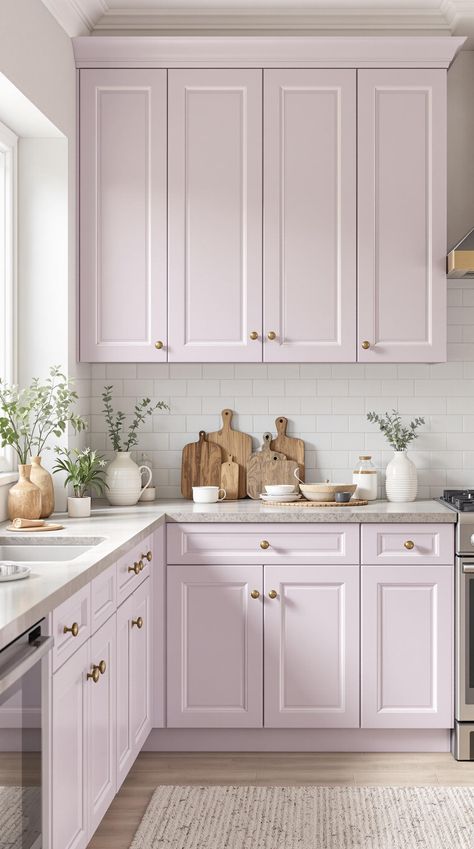 Kitchen Cabinet Color Ideas Light Purple Cabinets, Light Purple Cabinets Kitchen, Pale Pink Kitchen Cabinets, Light Pink Cabinets, Navy Kitchen Cabinets, Purple Cabinets, Lavender Kitchen, Cabinet Color Ideas, Pink Interiors