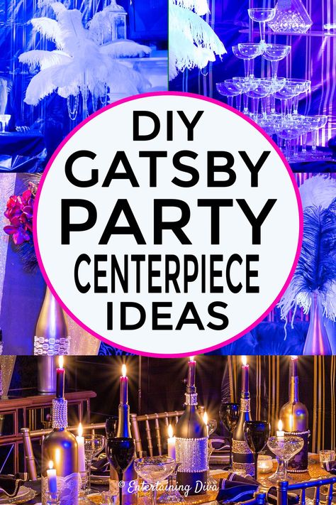 These DIY Gatsby party centerpieces are awesome! I love the ones made with ostrich feathers and the champagne glass tower. A perfect addition to my roaring 20s party decor. #entertainingdiva #roaring20s #gatsbywedding #centerpieces #partydecor #diypartydecor Diy Gatsby Party, Gatsby Party Centerpieces, Feather Centerpieces For Party, Pink Feather Centerpieces, Black Feather Centerpieces, Great Gatsby Centerpieces, Feather Centerpieces Diy, White Feather Centerpieces, Champagne Glass Tower