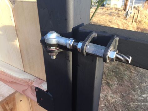 After we built the first prototype machine a few years ago, I used it quite extensively for my personal projects, including the electric gate out in front of my house. I used tie rod ends (similar to automotive style except without a tapered male stud) for the hinges because they can be adjusted in all directions without ever being out of alignment to each other. After seeing how well they worked on my gate, i started selling these on ebay for $50 for a pack of two. I sold a TON of these and th Diy Gate, Electric Gate, Gate Hinges, Metal Gates, Gate Latch, Welding And Fabrication, Carriage Bolt, Door Gate Design, Metal Working Projects