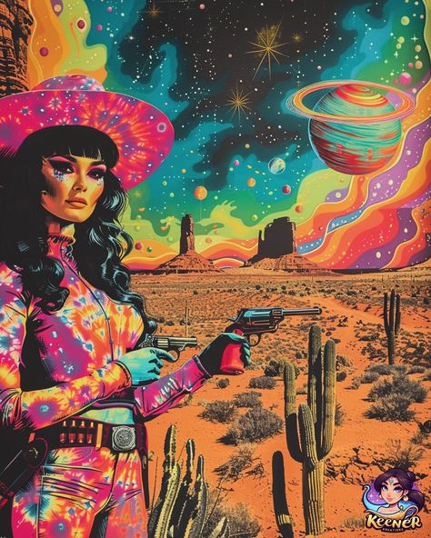 🌌✨ Out here where the wild west meets the wild cosmos. 🌵🔫 She’s ready to duel with destiny. 🌠💫 #CosmicCowgirl #GalacticGrit #ArtisticJourney #PsychedelicArt Alien Cowgirl, Wild Cosmos, Cosmic Cowgirl, Cowgirl Art, The Wild West, Decoupage Paper, Wild West, The Wild, Rodeo