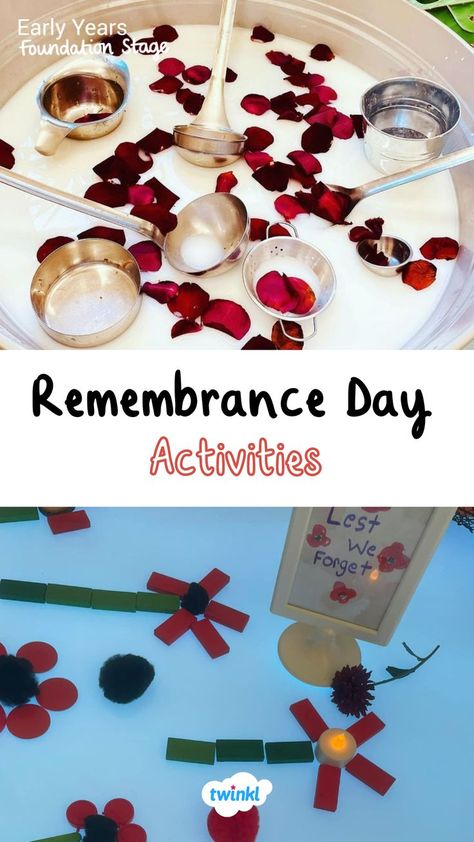 These lovely activities pay honor to remembrance day in an engaging way for children to explore. Special thanks to @_little.thinkers_ Cuddle Kids Home Remberence Day Activities, Remembrance Day Nursery Activities, Rememberence Day Activities For Kids, Rememberance Day Activities Toddlers, Preschool Remembrance Day Activities, Rememberance Day Activities For Babies, Remembrance Tuff Tray Ideas, Eyfs Remembrance Day, Remembrance Activities For Kids