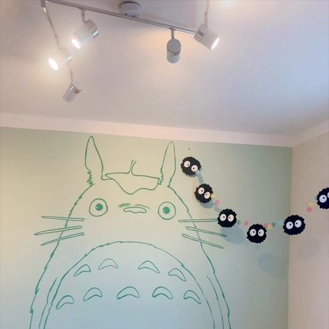 Totoro Wall Mural, Soot Sprite Room Decor, My Neighbor Totoro Room Ideas, Soot Sprite Decor, Ghibli Room Decor Aesthetic, Ghibli Room Decor Diy, Totoro Bedroom Ideas, Totoro Nursery Ideas, Studio Ghibli Wall Art