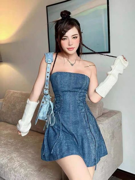 Denim Upcycle Clothing, Denim Corset Dress, Jeans Dress Outfit, Denim Upcycle, Upcycle Clothing, Ideal Closet, Denim Dresses, Denim Corset, Korean Dress