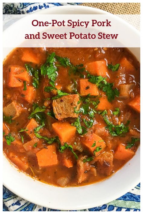 One-Pot Spicy Pork and Sweet Potato Stew Recipe - From Val's Kitchen Sweet Potato Pork, Stew With Sweet Potatoes, Sweet Potato Stew, Potato Stew, Pork Stew, Stewed Potatoes, Spicy Pork, Stew Recipe, Sweet Potato Recipes