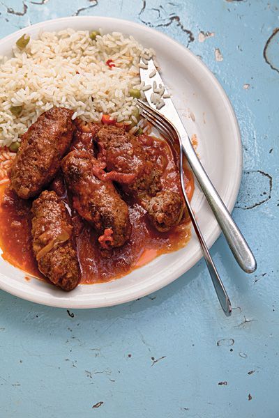 Greek Meatballs in Tomato Sauce Recipe | Saveur Rice Meatballs, Small Plates Recipes, Meatballs In Tomato Sauce, Northern Greece, Greek Kitchen, Cooking With Ground Beef, Greek Food Recipes, Greek Meatballs, Meatball Sauce