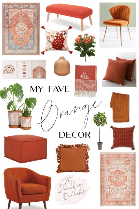 Rambling Redhead, Orange Accent Chair, Pink Lamp, Orange Home Decor, Orange Wall Art, Orange Decor, Yellow Decor, Comfy Blankets, Mid Century Modern Living Room