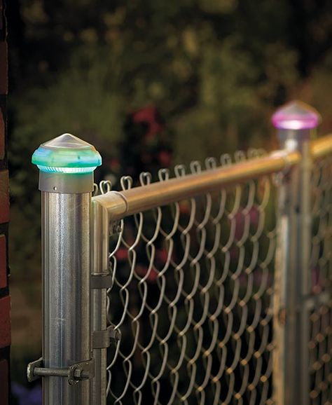 2 Chain link fence solar post caps (LTD) Chain Link Fence Lights, Solar Lights On Chain Link Fence, Chain Fence, Solar Post Caps, Fence Post Caps, Hanging Solar Lights, Outside Christmas Decorations, Fence Lighting, Budget Patio