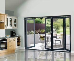 Wickes Burman Slimline Finished Bi-fold Door Set Grey | Wickes.co.uk Bifold Doors Onto Patio, White Bifold Doors, External Bifold Doors, Bifold Patio Doors, Folding Patio Doors, Bifold Door, Grey Patio, Timber Door, Sliding Glass Doors