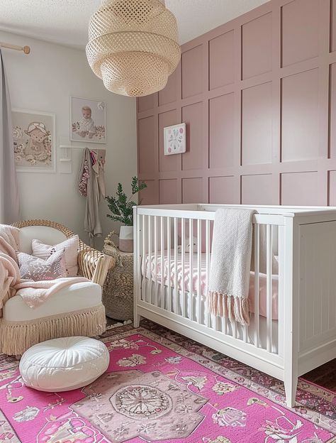 Creating a dreamy nursery for your little princess? Check out these 32 Insanely Cute Baby Girl Nursery Ideas! Find adorable and creative inspirations to design the perfect, cozy haven for your little one. Board And Batten Nursery Girl, Wainscoting Nursery Girl, Dark Pink Nursery, Baby Girl Nursery Paint Colors, Baby Girl Nursery Accent Wall, Pink Accent Wall Nursery, Girl Nursery Accent Wall, Aurora Nursery, Cute Baby Girl Nursery