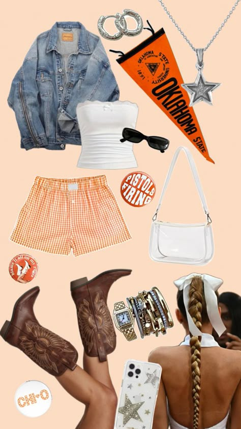 a denim jacket, white tube top, and orange gingham shorts. Accessories include silver hoop earrings, a star pendant necklace, black sunglasses, a white shoulder bag, and a gold watch with bracelets. The look is completed with brown cowboy boots and a braided hairstyle with a white ribbon. This trendy ensemble is ideal for fans of Oklahoma State University, as highlighted by the OSU pennant and themed buttons. Perfect for casual wear, Western-inspired fashion, and college game day outfits. Fall Game Day Outfit College, Osu Game Day Outfit, Gingham Top Outfit, Auburn Gameday Outfit, College Game Day Outfit, Osu Game, Gameday Fits, College Gameday Outfits, Shoulder Bag Outfit