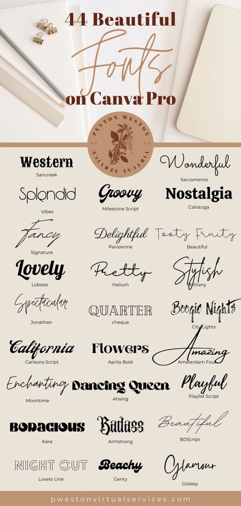 Looking for the best Canva fonts for your business marketing designs? Look no further! This post has 30 of the best fonts for creating stunning marketing materials on Canva. #Canva #Marketing Elegant Canva Fonts, Insta Algorithm, Font Canva Lettering, Typography Logo Fonts, Business Marketing Design, Canva Font, Business Fonts, Instagram Font, Canva Fonts