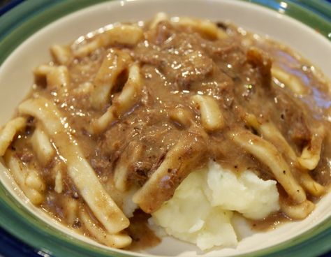 Beef and Noodles over mashed potatoes Cream Of Mushroom Soup, Cream Of Mushroom, Crockpot Beef, Amish Recipes, Shredded Beef, Beef Stock, Beef Ribs, Sauteed Mushrooms, Beef And Noodles