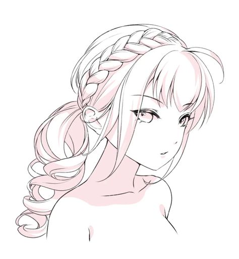 Anime Braided Hair Drawing, Braid Crown Drawing, Crown Braid Drawing, Braid Crown Drawing Reference, Side Braid Drawing, Anime Hairstyles Female Hair Reference, Draw Braids Step By Step, Anime Female Hairstyles, Braided Hair Drawing