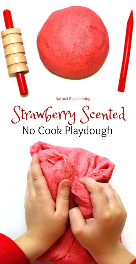 Amazing No Cook Strawberry Playdough Recipe, Perfect for Valentine's Day or Summer this play dough smells amazing. The Best Jello Dough Recipe No Cook Playdough, Best Homemade Playdough Recipe, Diy Play Doh, Best Playdough Recipe, Cooked Playdough, Edible Playdough, Homemade Playdough Recipe, No Cook, Dough Recipes