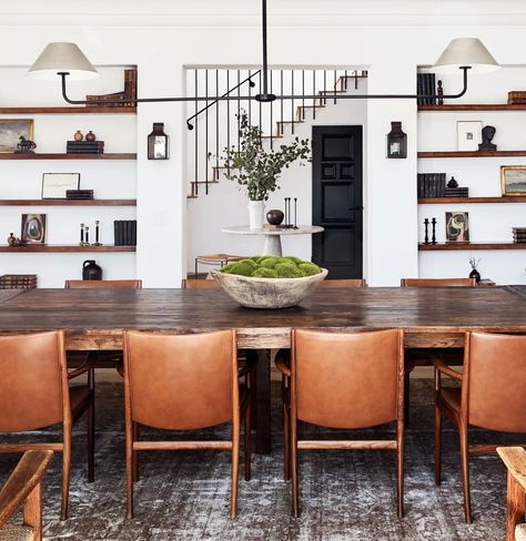 A Creative Power Couple’s Spanish-Colonial Retreat in L.A. | Architectural Digest Long Dining Table, Decor Ikea, Leather Chairs, Rustic Dining Room, Dining Room Inspiration, Leather Dining Chairs, Room Decorations, Rustic Dining, Dining Room Design