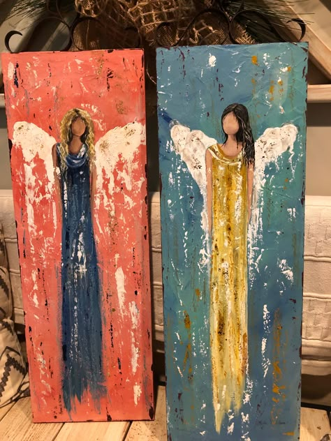 Painted Angels Canvas, Acrylic Painting Hearts Canvases, Diy Angel Painting, Angel Paintings On Canvas Acrylics, Angels Artwork, Abstract Angel Painting, Mom Birthday Gift Ideas, Painted Angels, Beginners Canvas Painting