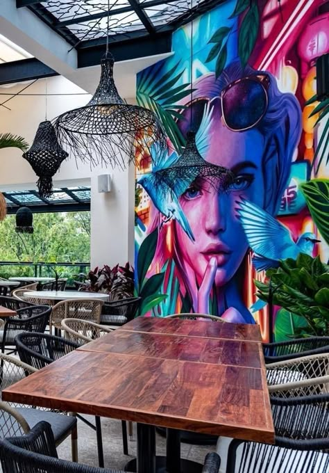 Restaurant Cafe Design, Mural Cafe, Art Restaurant, Cafe Concept, Ceiling Murals, Bar Interior, Murals Street Art, Bar Design Restaurant, Cafe Interior Design