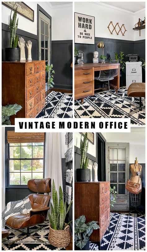 Tour a stylish and sophisticated vintage modern home office! #vintagemodern #vintagedecor #vintage #vintageoffice #vintagefinds #officedecor Artistic Home Office Design, Stylish Home Office Modern, Western Boho Home Office, Modern Vintage Office Design, Modern Rustic Home Office Ideas, Modern With Vintage Accents, Artsy Office Decor, Anthropologie Office Design, Masculine Boho Office