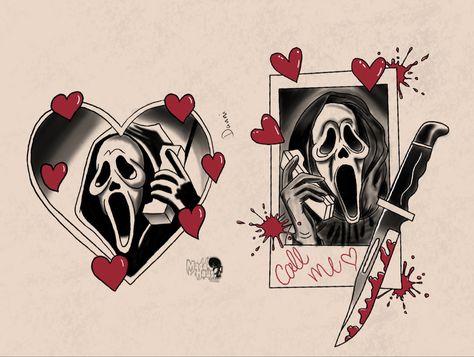 Horror Movie Doodles, Scary Movie Tattoos, Ghost Face Tattoo, Cute Halloween Tattoos, Spooky Characters, Henne Tattoo, Horror Movie Tattoos, Halloween Flash, Wrist Tattoo Designs