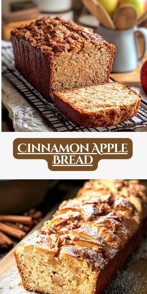 There’s nothing better than homemade Cinnamon Apple Bread on a chilly day!  Ingredients:  2 cups all-purpose flour 1 tsp baking soda 1/2 tsp baking powder 1/2 tsp salt 1 tsp ground cinnamon 1/4 tsp ground nutmeg (optional) 1/2 cup unsalted butter, softened 3/4 cup granulated sugar 1/4 cup brown sugar, packed 2 large eggs 1 tsp vanilla extract 1 cup applesauce (unsweetened) 2 cups apples, peeled and diced (about 2 medium apples) 1/2 cup chopped walnuts or pecans (optional) Cinnamon Applesauce Bread Recipes, Apple Bread Made With Applesauce, Applesauce Bread Recipe, Quick Breads Recipes, Cinnamon Apple Bread, Cinnamon Loaf, Applesauce Bread, Breads Recipes, Apple Bread