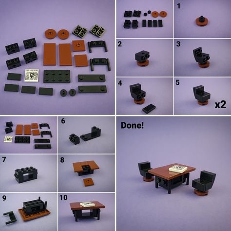 Table and Chairs Tutorial (Olive Hill House MOC) | Sarah Beyer | Flickr Lego Chair, Lego Diy Projects, Lego Shelf, Batman Ideas, Easy Lego Creations, Lego House Ideas, Lego Techniques, Lego Machines, Lego Furniture